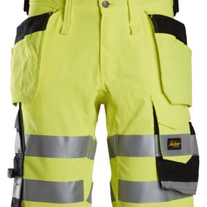 high vis klasse 1 stretch korte werkbroek met holsterzakken snickers workwear 6135 high vis geel, 58