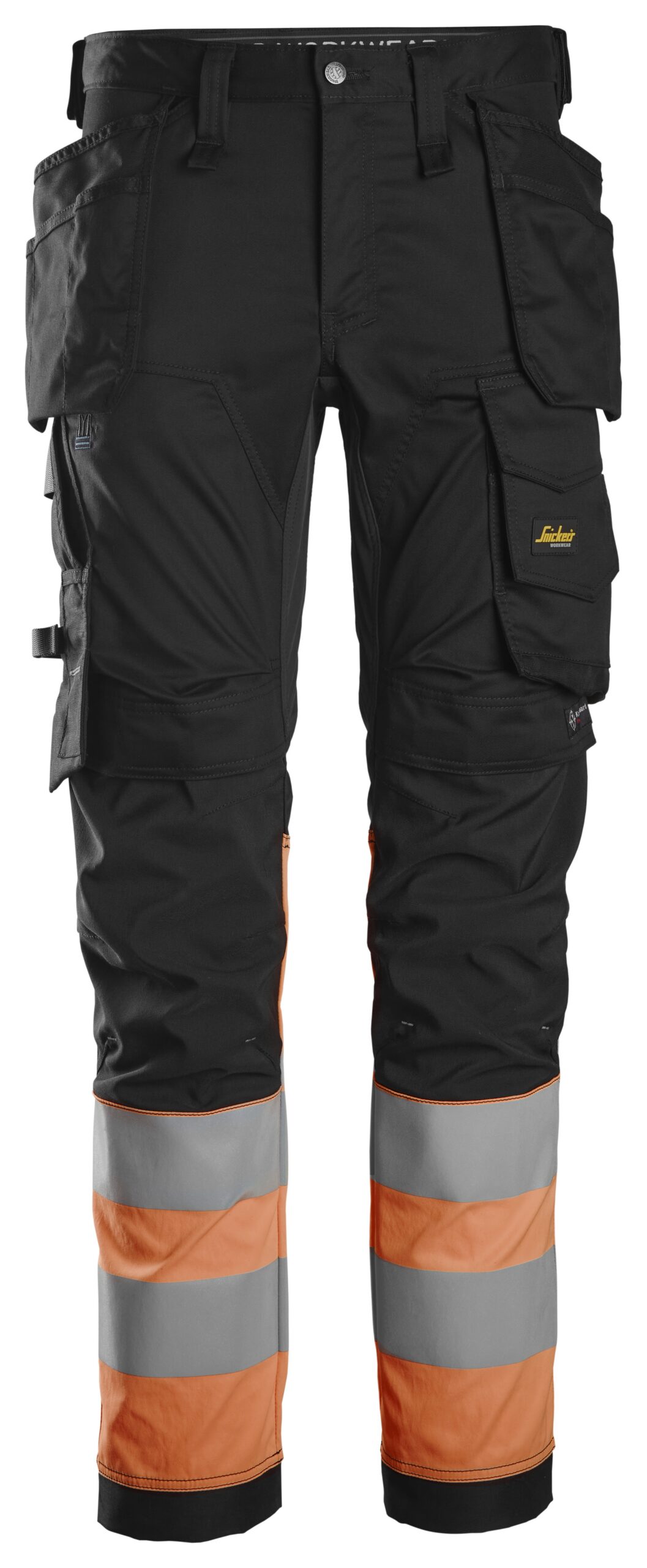 high vis, klasse 1 stretchwerkbroek met holsterzakken snickers workwear 6234 zwart, 64