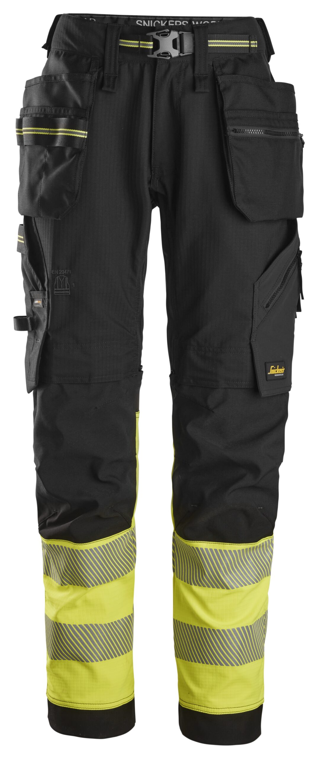 high vis, klasse 1 stretch werkbroek met holsterzakken snickers workwear 6934 zwart, 44